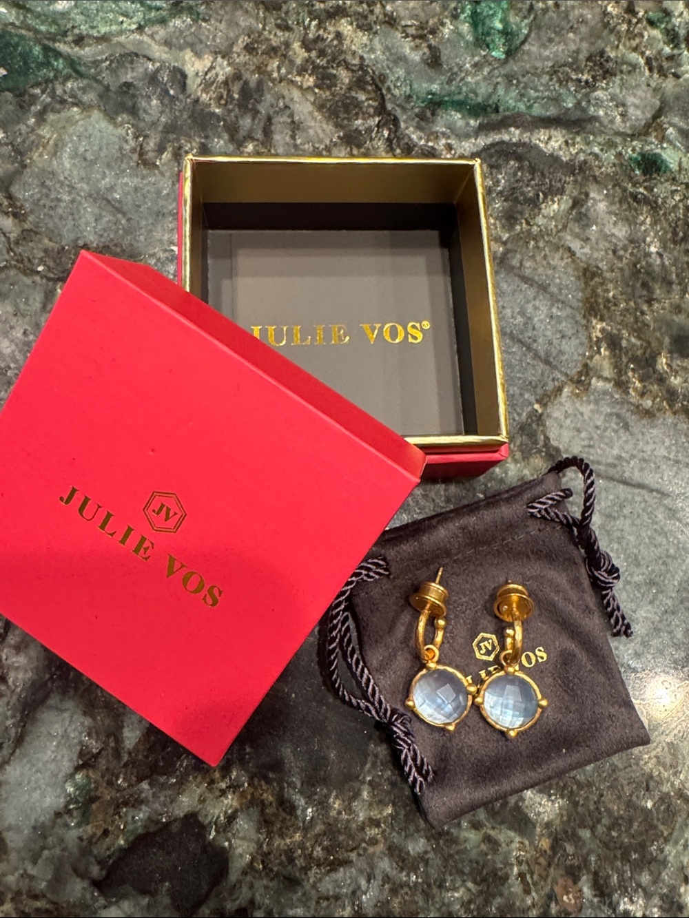 NWOT - Julie Vos Honeybee Hoop & Charm Iridescent Chalcedony Earrings